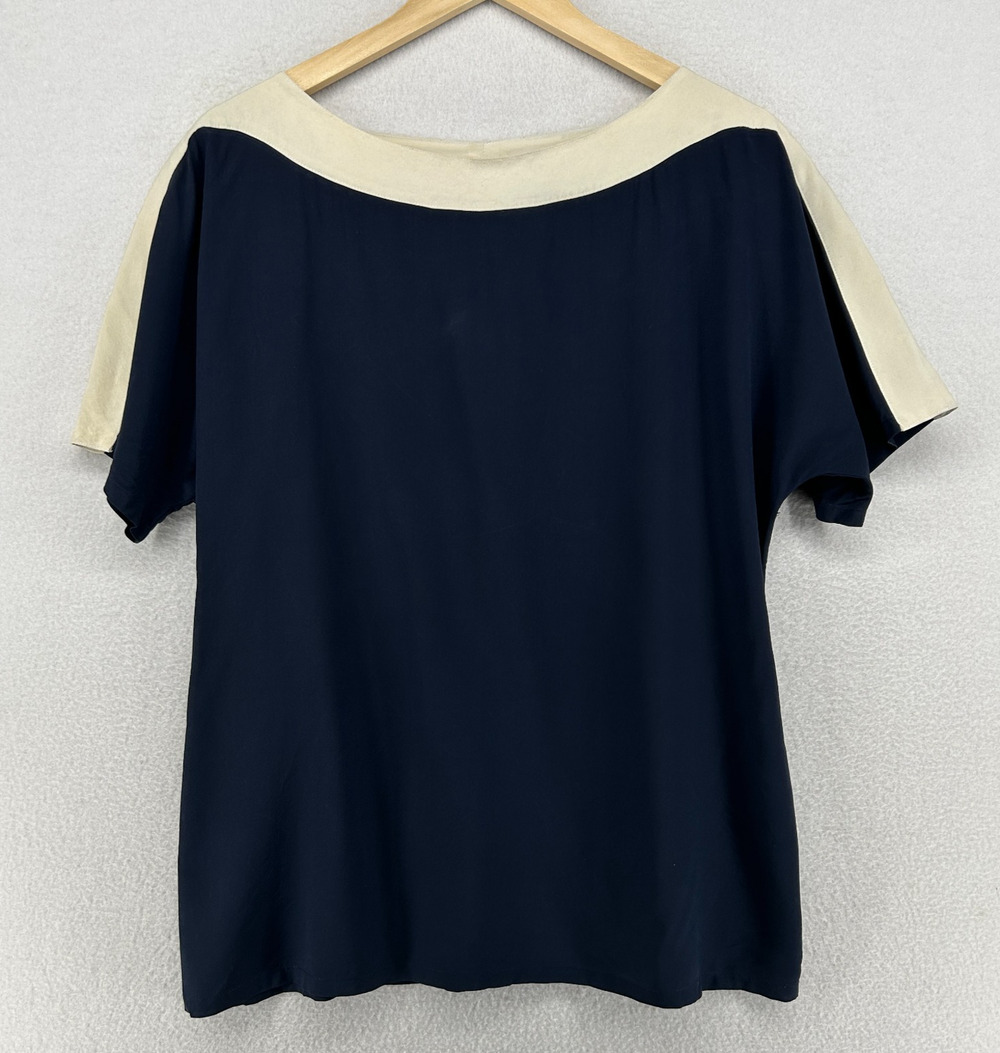 ST. JOHN Top 12 Silk Crepe de Chine Contrast Trim Boat Neck Dolman Blue Vintage